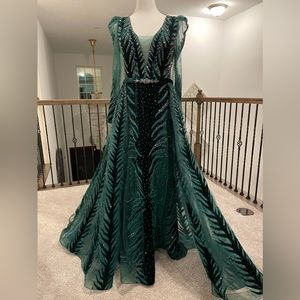 Emerald green dress with over skirt , velvet details , custom made , maxi dress